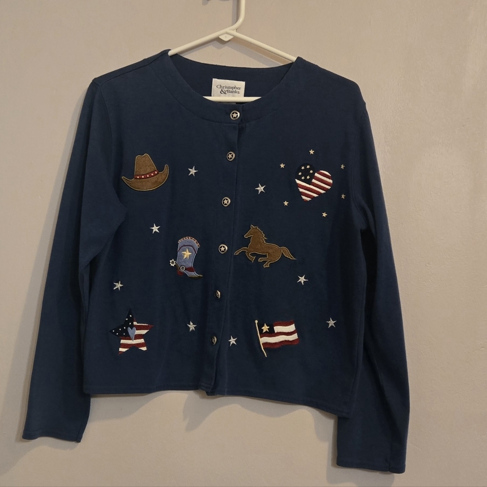 Christopher Banks Blue Cowboy Patriotic Flag Button Up Sweater Size Large